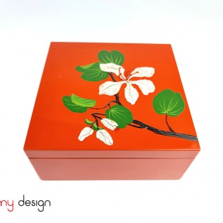 Orange square lacquer box hand painted with Ban flower